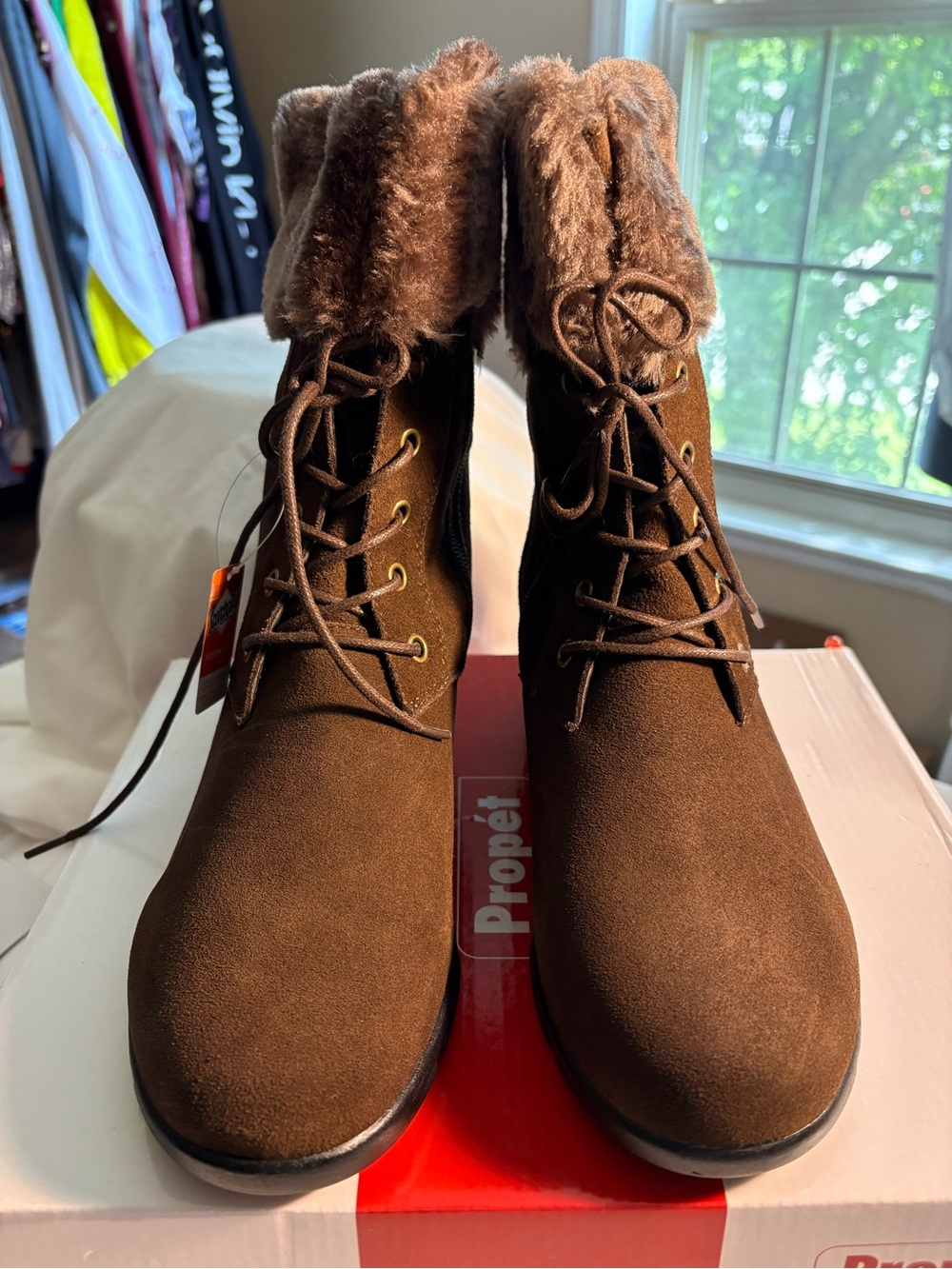 Propet Women's Brown Lace-Up Faux Fur Cuff Boots